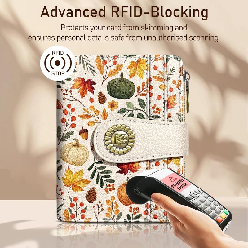 Kelvoris Pumpkin Fall Leaves Mushroom Halloween Small Rfid Women Travel Wallet Bifold Zipper Coin Pocket PU Leather Compact Cash Credit Card Holder Female Ladies Teen Girls 1 ID Window 10 Card Slots - Image 3